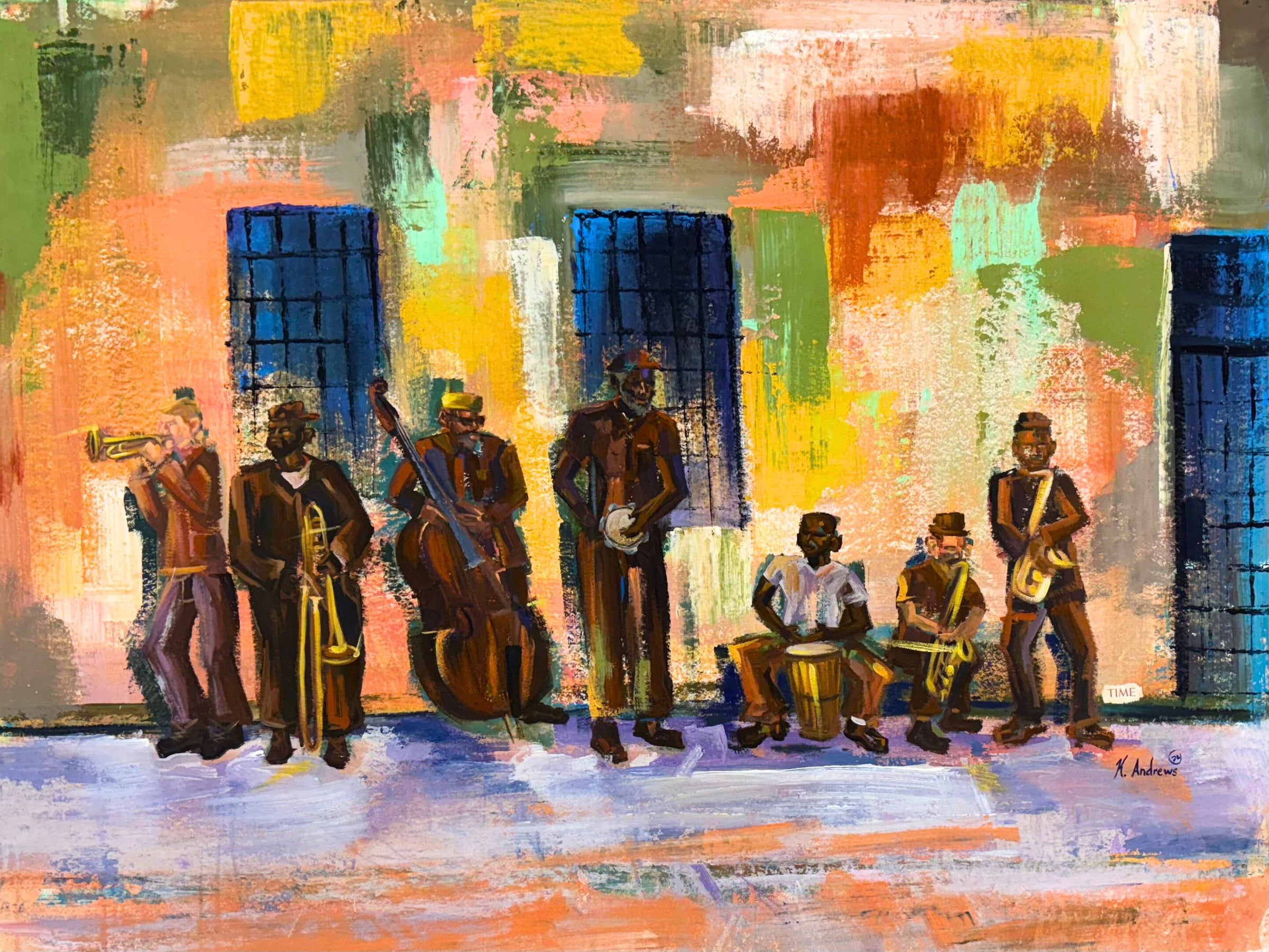 expressionist painting in orange and green with group of prisoner men playing instruments mixed media collage by keith andrews