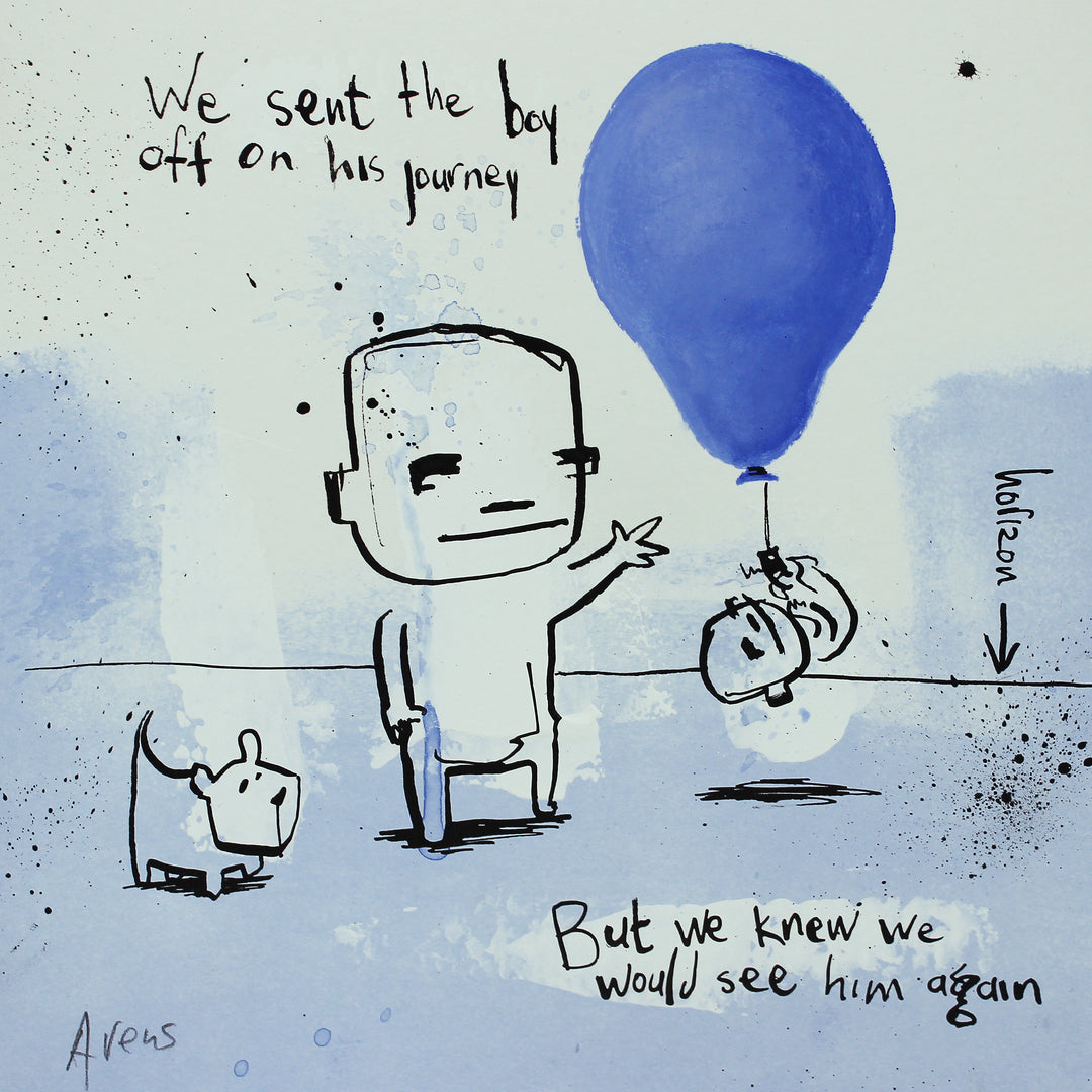 Comic doodle illustration in ink with blue eyes white background line drawing figures funny humor balloons dog