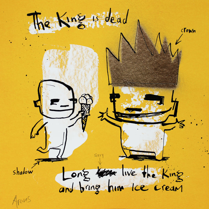 Comic doodle illustration in ink with yellow background line drawing figures funny humor ice cream gold king crown