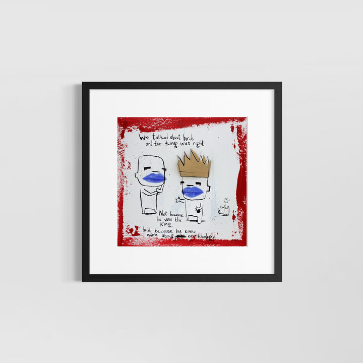 illustrative doodle ink drawing realistic blue and red with text comic satire humor gold crown blue lips dog doodle 
