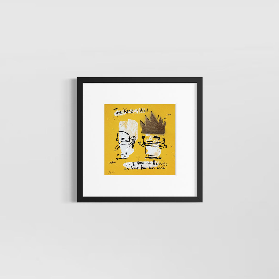 Comic doodle illustration in ink with yellow background line drawing figures funny humor ice cream gold king crown