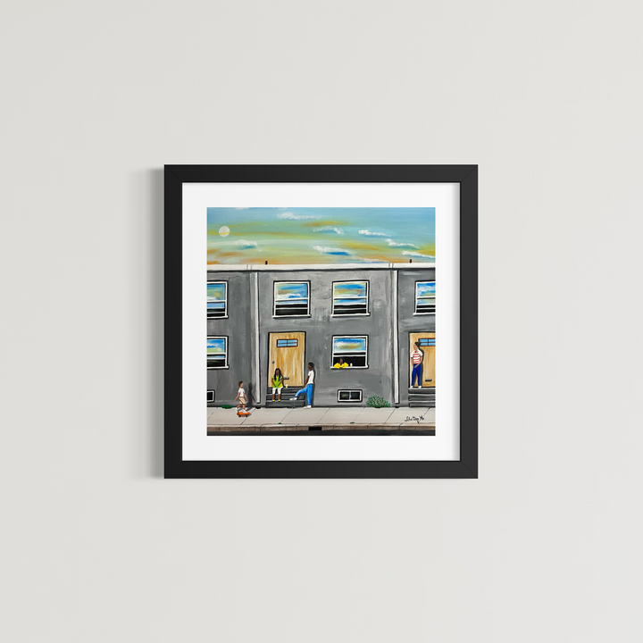 Outdoor urban landscape scene sky blue people hanging outside in acrylic paint