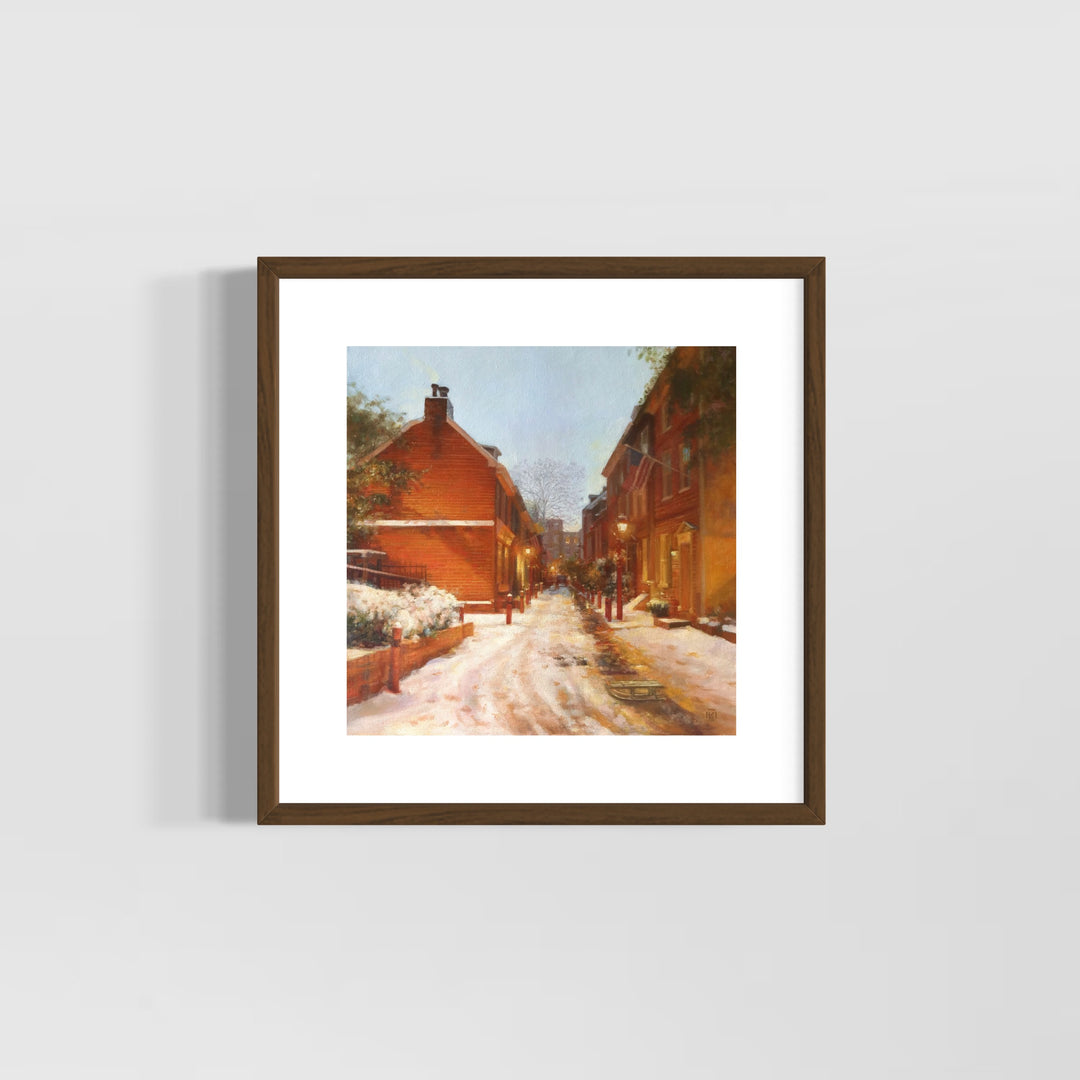 Golden glowing homes at night alley way with snow and light posts nature building home landscape in oil paint