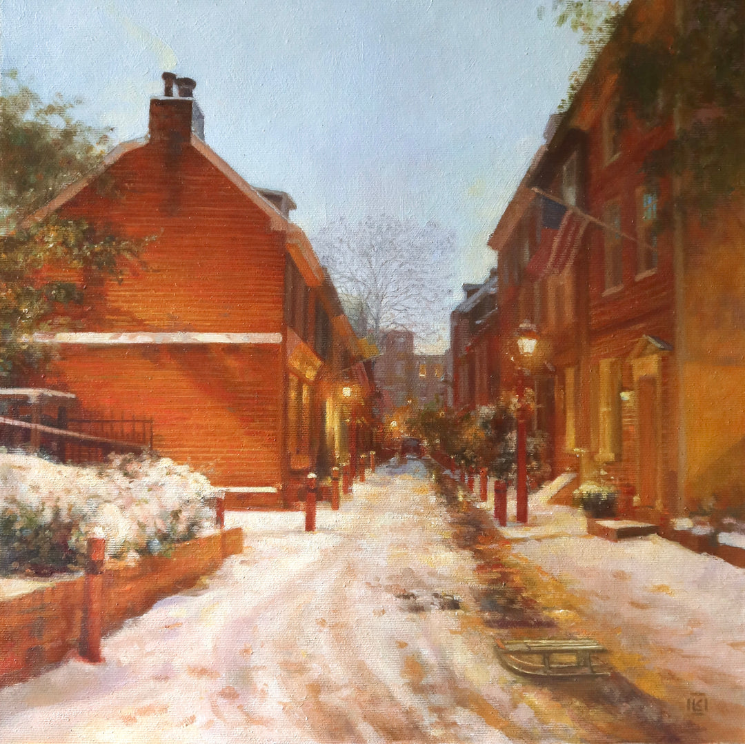 Golden glowing homes at night alley way with snow and light posts nature building home landscape in oil paint