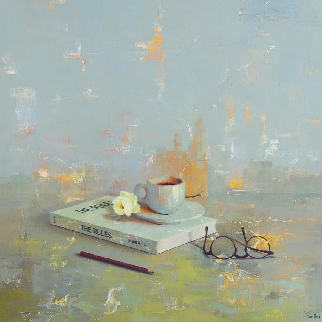 still life realism oil painting with book coffee glasses flower and pencil on surface in blue and green textured surface 