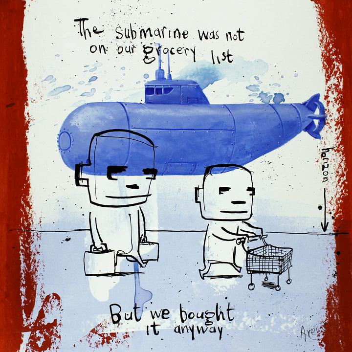 Comic doodle illustration in ink with red and blue line drawing figures funny humor  submarine boat shopping cart 