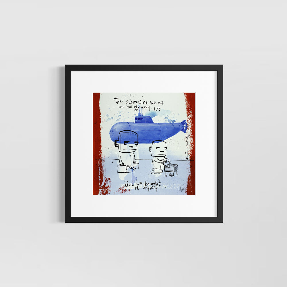 Comic doodle illustration in ink with red and blue line drawing figures funny humor  submarine boat shopping cart 