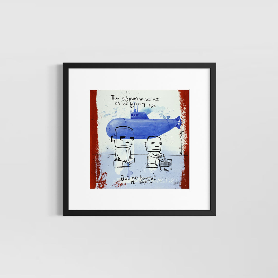 Comic doodle illustration in ink with red and blue line drawing figures funny humor  submarine boat shopping cart 