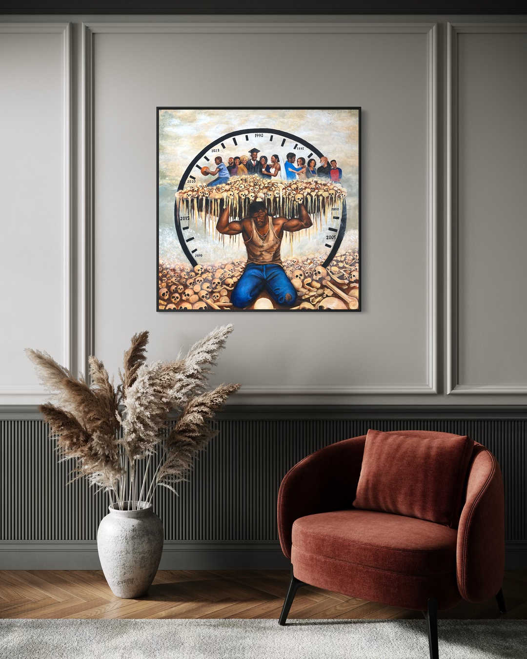 Black man figure carrying heavy skulls symbolism family clock weight of time light colored browns and blue