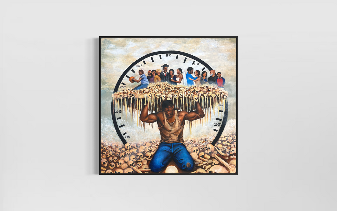 Black man figure carrying heavy skulls symbolism family clock weight of time light colored browns and blue