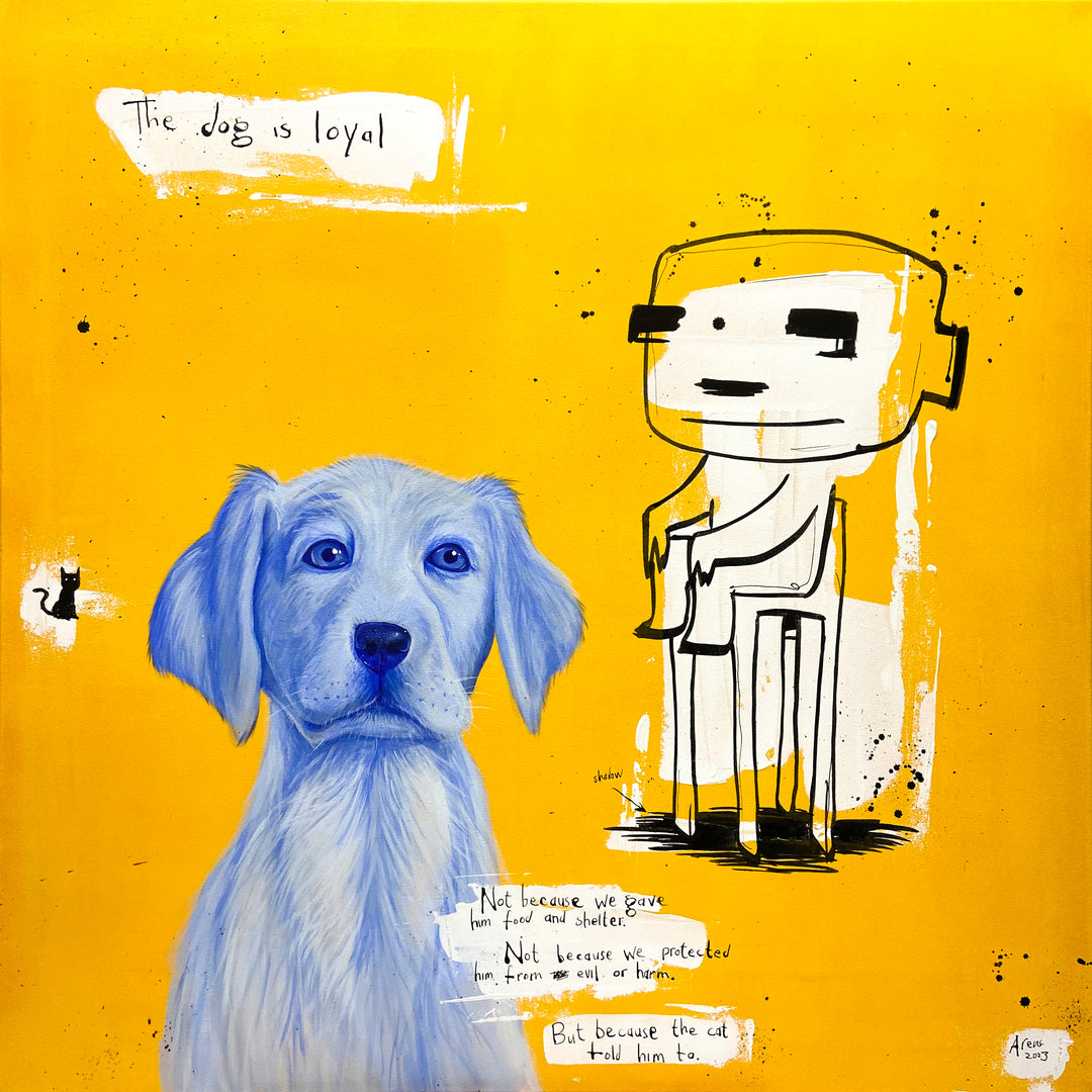 character doodle sitting on chair to the right of photorealistic blue dog to the left, and a very small cat drawing to the side on orange background