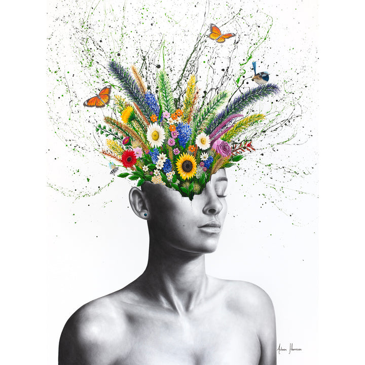 black and white woman figure face shattered with plants flowers and butterflies and bird growing and coming out of head splatter paint in background on white background