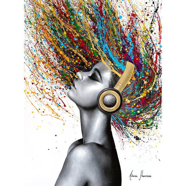 Beautiful woman wearing headphones, painted in black and white coconut charcoal with colorful splattered paint as hair