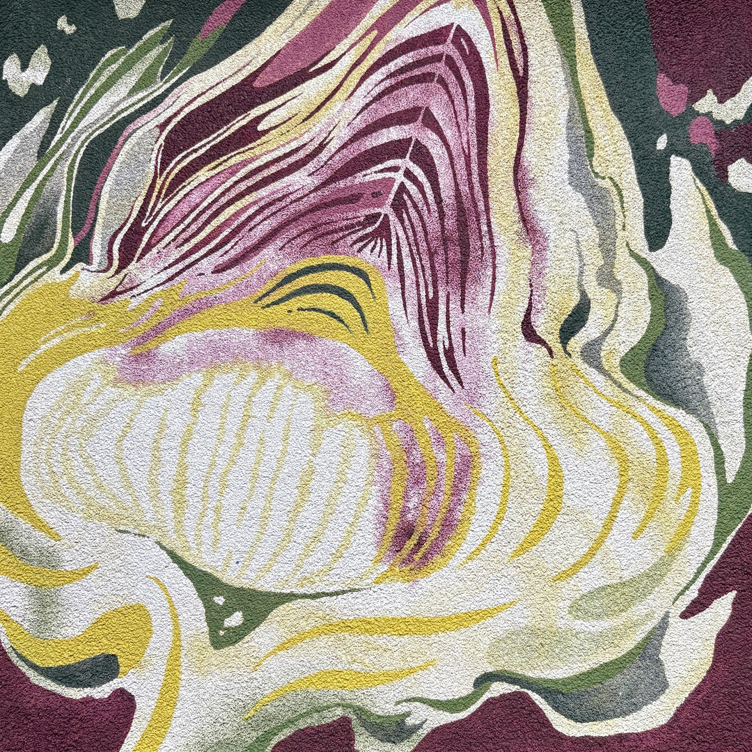 Erin Touey, Thistle, oil on pumice-primed canvas, 14 x 14 inches. Abstracted close-up of a plant form with curving cream, yellow, and pale green bands and plum-purple striped leaf shapes against a burgundy and dark green background.