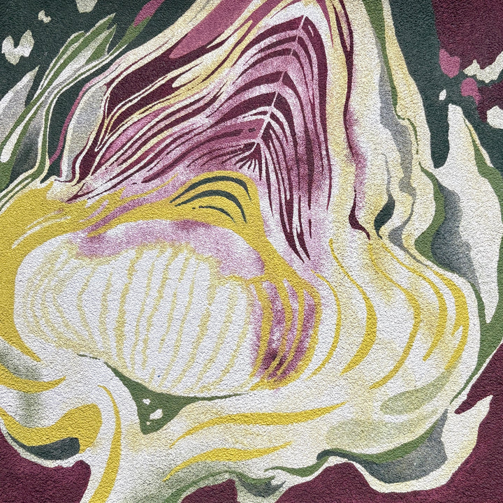 Erin Touey, Thistle, oil on pumice-primed canvas, 14 x 14 inches. Abstracted close-up of a plant form with curving cream, yellow, and pale green bands and plum-purple striped leaf shapes against a burgundy and dark green background.