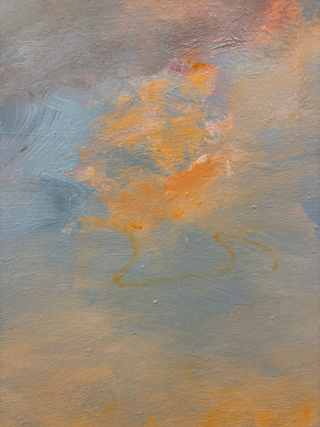 abstract expressionist landscape in natural colors blues greens and yellows clouds and red line