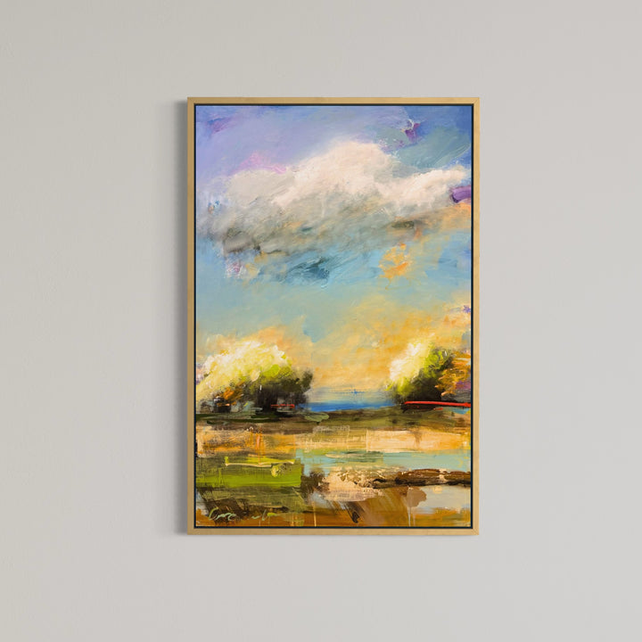 abstract expressionist landscape in natural colors blues greens and yellows clouds and red line