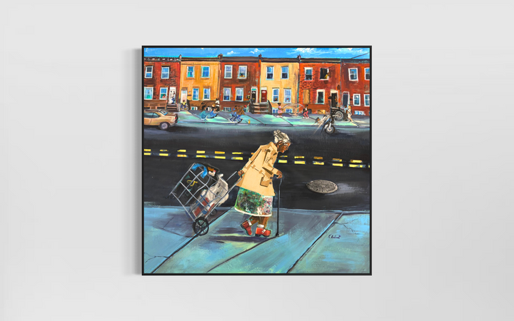 elderly woman figure pushing shopping cart urban philadelphia landscape city sidewalk collage mixed media by keith andrews
