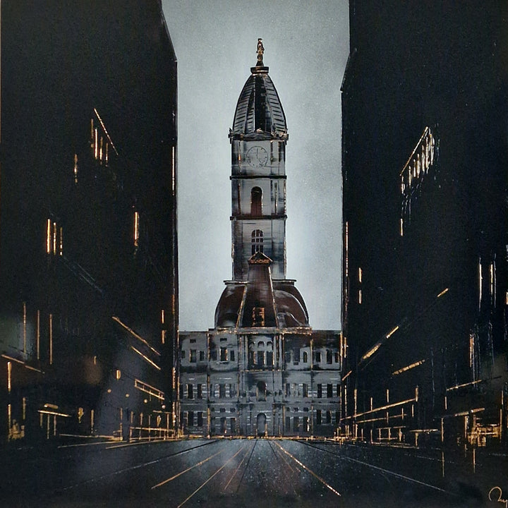 Julien Rey, Town Hall, lacquer and gold leaf on board, 31 x 31 inches. Philadelphia City Hall&