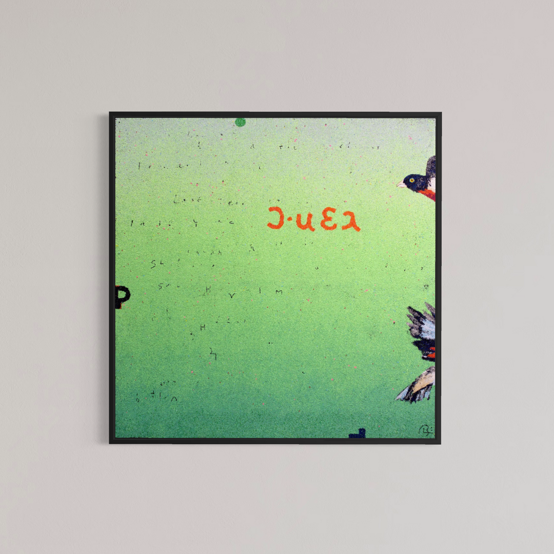 Bob Landstrom, Transient Apologia, pigmented volcanic rock and acrylic on canvas, 48 x 48 inches. Green-to-lime gradient background with faint handwritten text, red-orange characters near the top, and a bird partially visible at the right edge, shown in a black frame on a light gray wall.