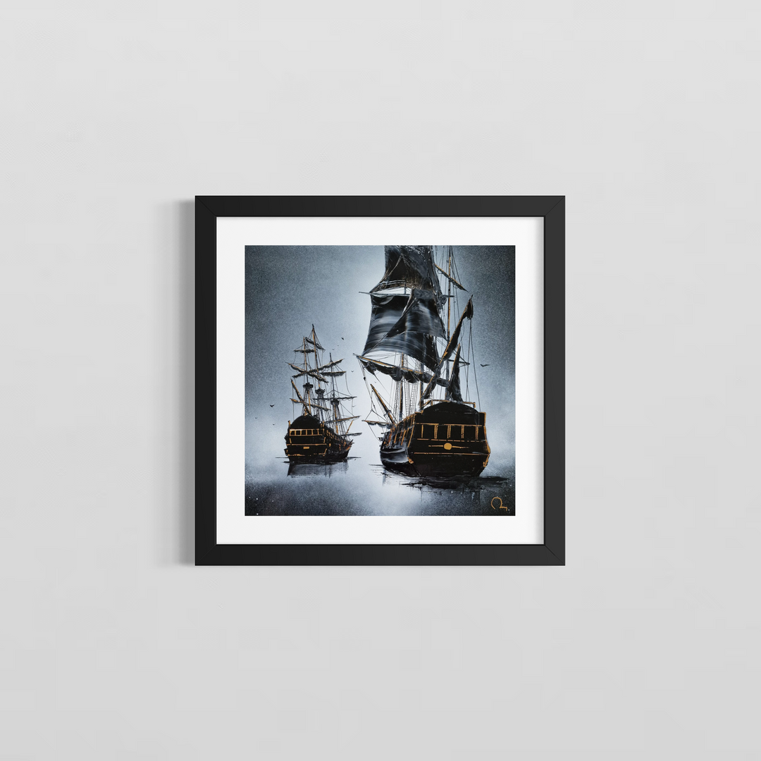 "Travelling" by French artist Julien Rey — a mixed-media painting on board of two tall ships at sea, crafted with Chinese lacquer and gold leaf. Two dramatic black galleons with billowing sails and gold leaf rigging emerge from a misty silver-gray ocean, their hulls and stern details richly accented in gold. Seabirds drift through the atmospheric haze above still, reflective waters. Original contemporary nautical tall ship painting on board available at Morton Contemporary gallery.