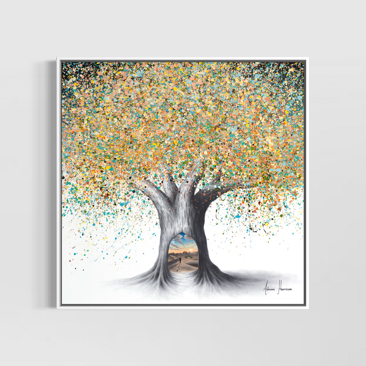 Ashvin Harrison, Tree of the Desert Oasis, coconut charcoal dust and acrylic on canvas, 36 x 36 inches, shown in a white floating frame on a light grey wall.