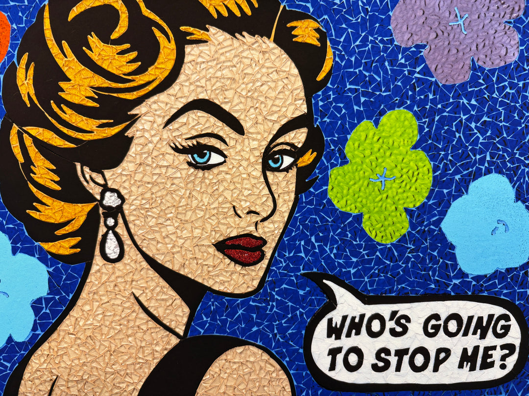limited edition stain glass mosaic giclee print hand embellished with glitter blonde woman with blue eyes and red lips looking back on blue tile floral background text bubble comic style retro vintage