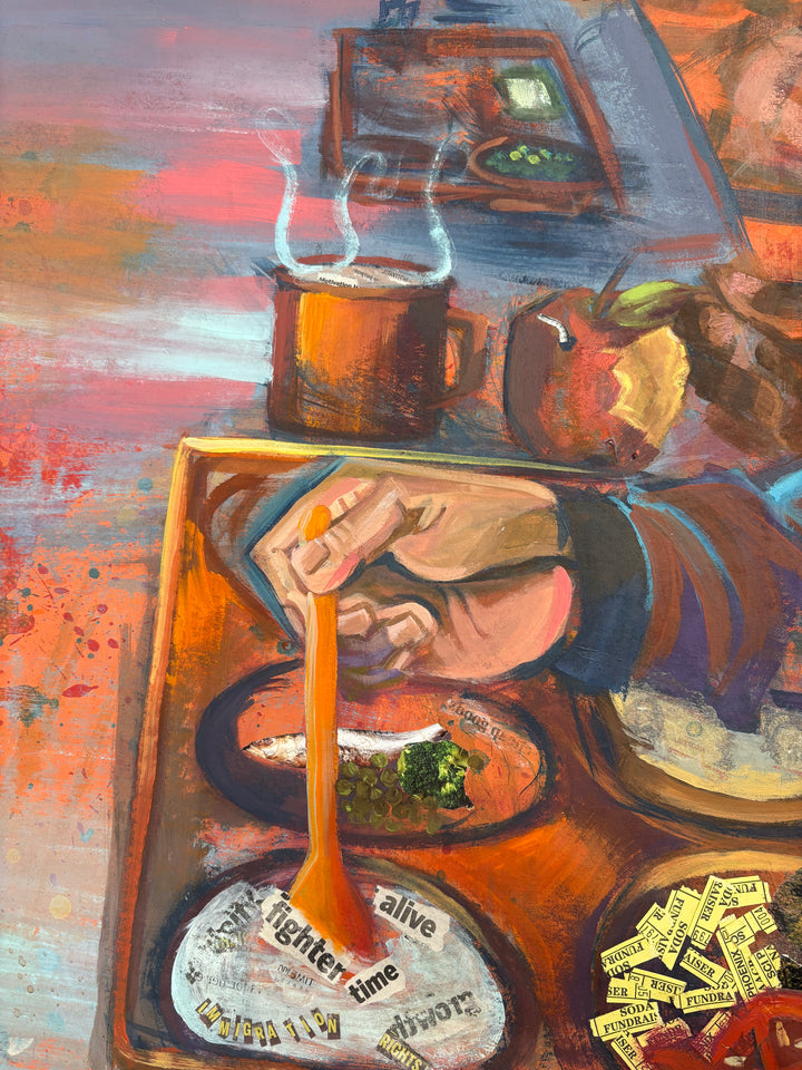 figure prison men eating food in orange jumpsuits cafeteria collage mixed media painting by keith andrews