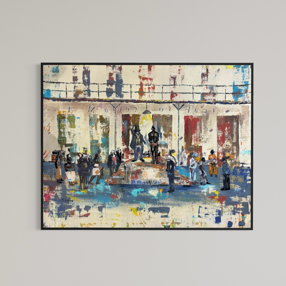Keith Andrews, Untitled Jail Scene, acrylic and collage on parachute cloth, 48 x 60 inches, shown in a thin black frame on a light grey wall.