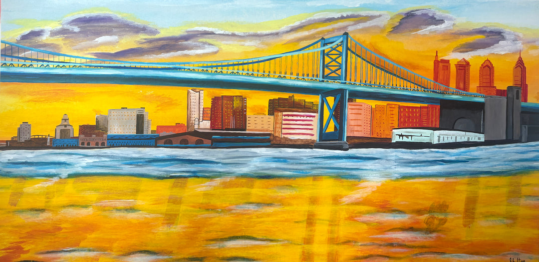 bright yellow orange red tone skyline philadelphia ben franklin bridge river new jersey landscape city urban in acrylic paint