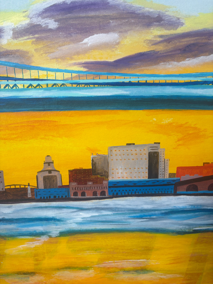 bright yellow orange red tone skyline philadelphia ben franklin bridge river new jersey landscape city urban in acrylic paint