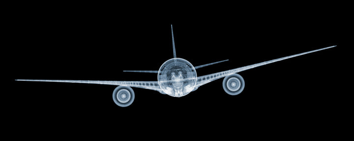 Framed Chromaluxe x-ray photograph by Nick Veasey of a mechanical jet on black background