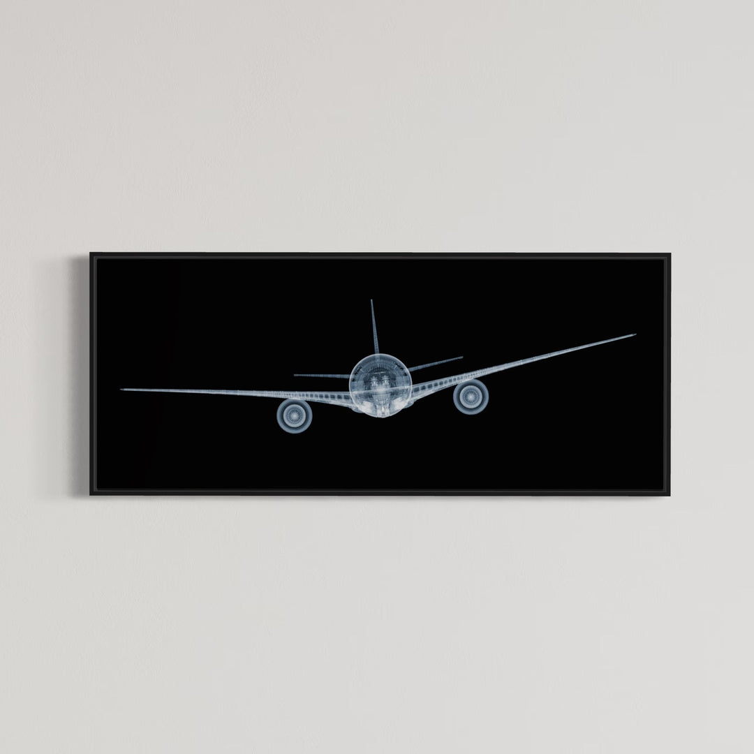 Framed Chromaluxe x-ray photograph by Nick Veasey of a mechanical jet on black background