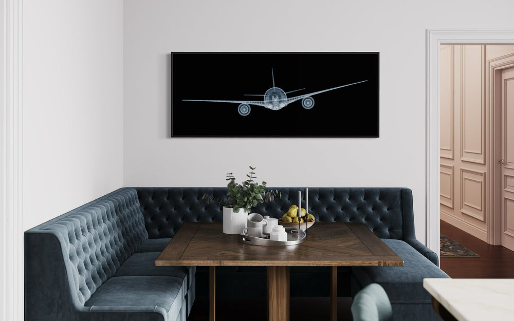 Framed Chromaluxe x-ray photograph by Nick Veasey of a mechanical jet on black background