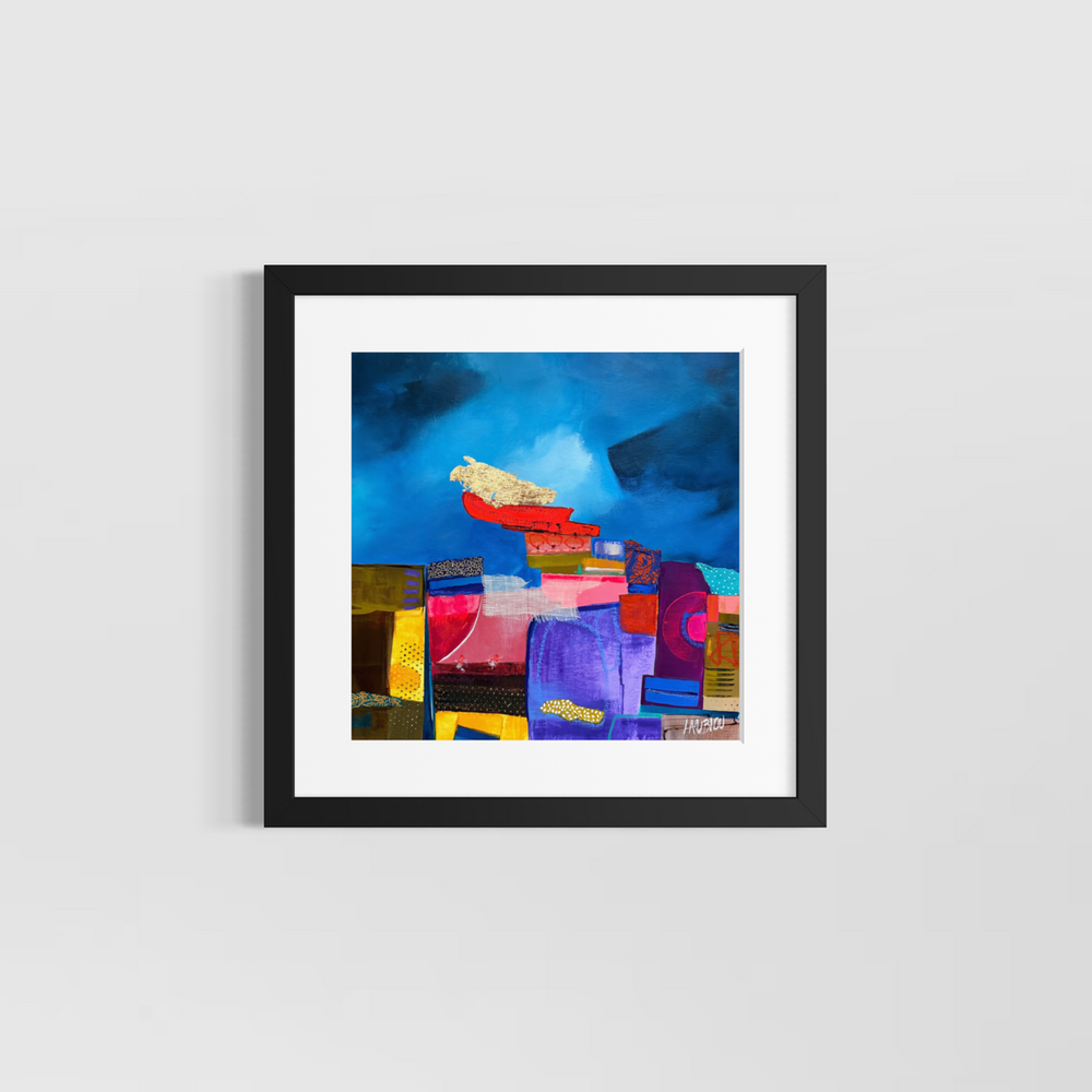 Lau Blou, Villa des pêcheurs, acrylic paint, fabric, and gold leaf on canvas, 14 x 14 inches, shown in a white 17 x 17 inch mat and black frame on a light grey wall. Abstract painting of stacked colorful blocks under a deep blue sky.