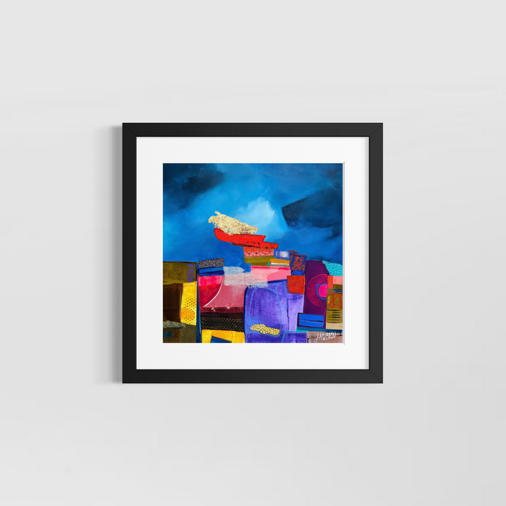 Lau Blou, Villa des pêcheurs, acrylic paint, fabric, and gold leaf on canvas, 14 x 14 inches, shown in a white 17 x 17 inch mat and black frame on a light grey wall. Abstract painting of stacked colorful blocks under a deep blue sky.