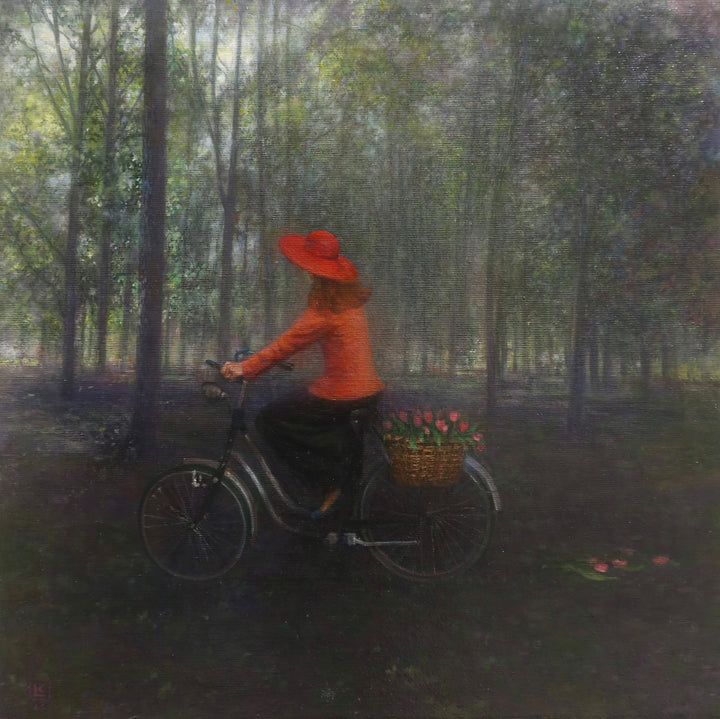 Girl in red shirt and hat riding bike with flowers in back through dark wooded green area shadows and slivers of light showing between trees oil landscape nature painting