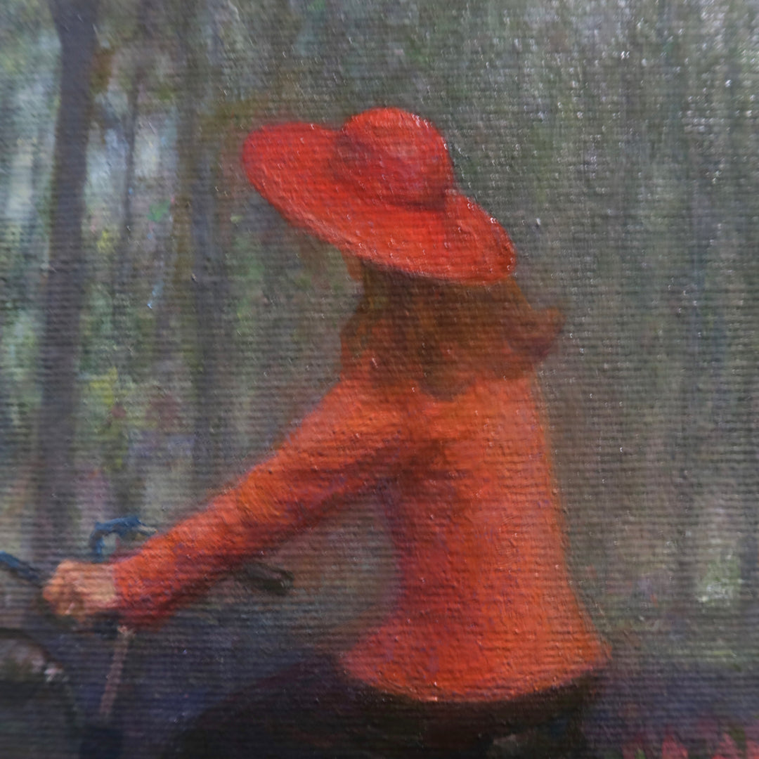 Girl in red shirt and hat riding bike with flowers in back through dark wooded green area shadows and slivers of light showing between trees oil landscape nature painting
