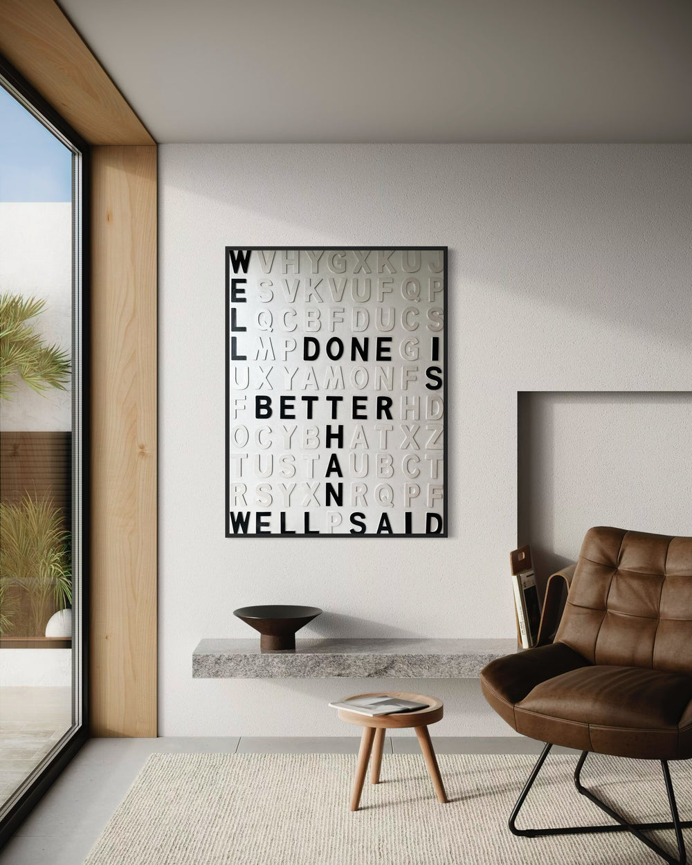Contemporary 3D text artwork by Chicago artist Steffanie Gerkin titled Well Done 3D, featuring raised black and white wood letters arranged in a structured alphabet grid on a white canvas. The monochrome typographic composition spells the phrase “Well Done Is Better Than Well Said,” creating a bold conceptual wall art piece with graphic text-based design, pop art influence, and contemporary mixed-media style.