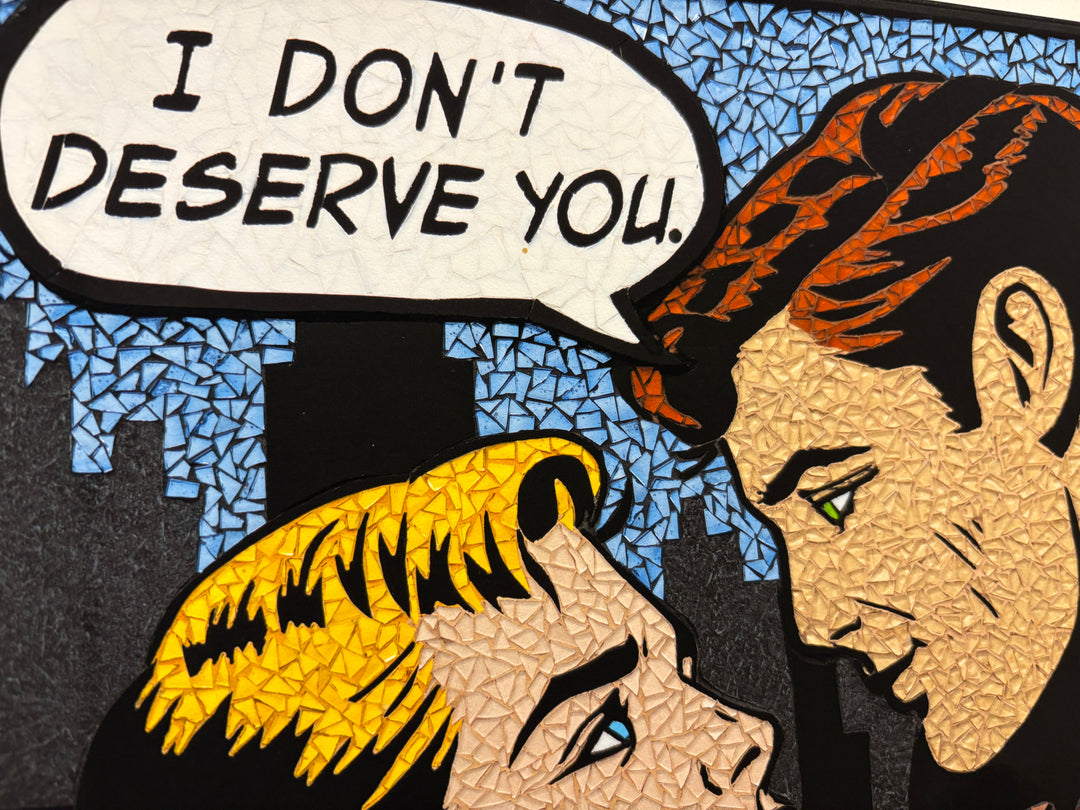 limited edition stain glass mosaic giclee print hand embellished with glitter  text bubble comic style retro vintage two men looking into each others eyes in suit jacket and ties on cityscape background blonde and ginger man