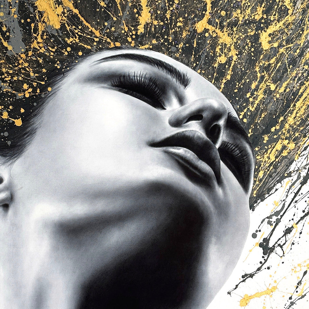 Woman flipping her hair, as golden and black paint splattered, high contrast painting