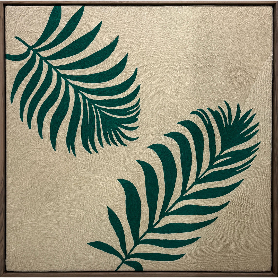 Two green palm fern leaves green on cream tan background in stitched embroidery chain textile fabric 
