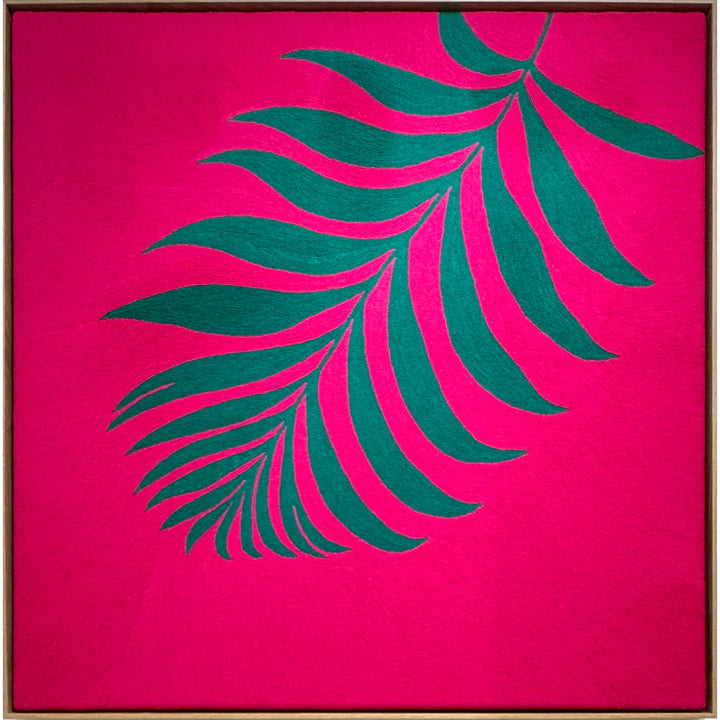 42.5"x42.5" chain-stitched textile with a tropical leaf over a bright pink background. 