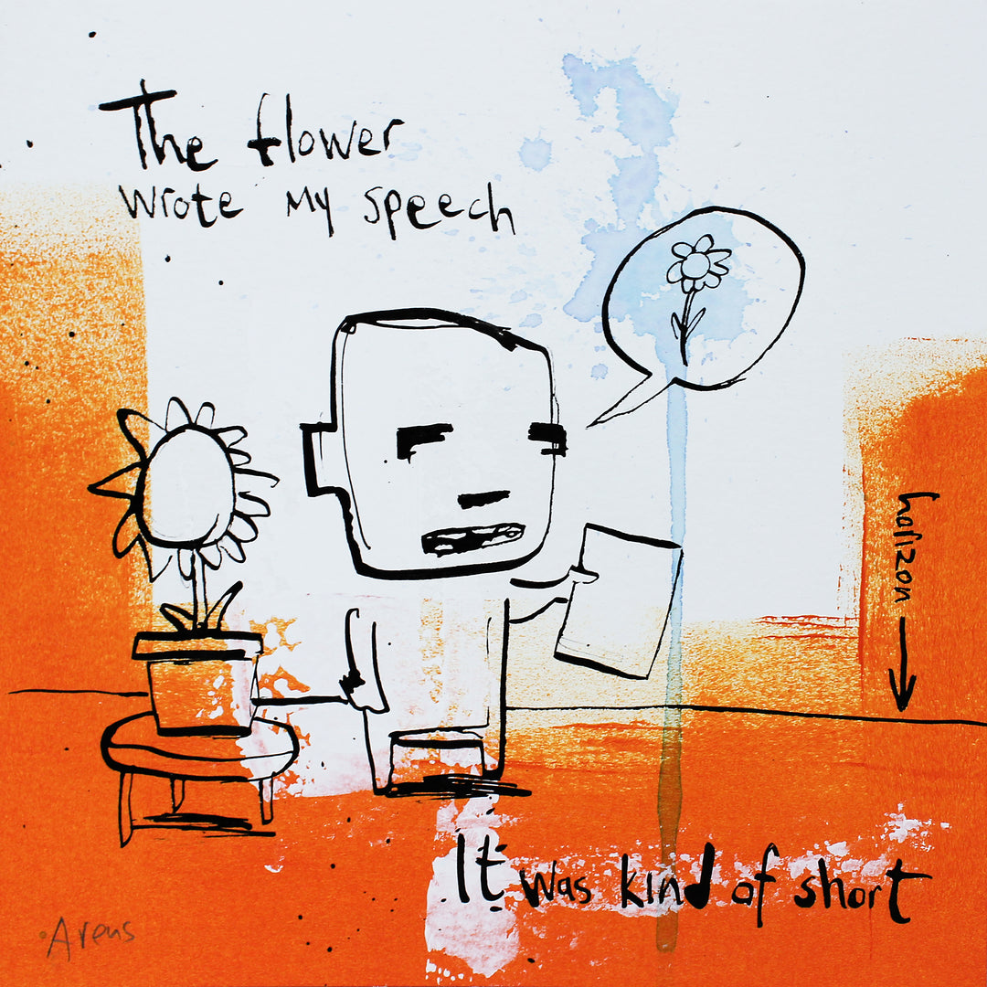 Comic doodle illustration in ink with orange and white background line drawing figures funny humor ice cream flower speech bubble
