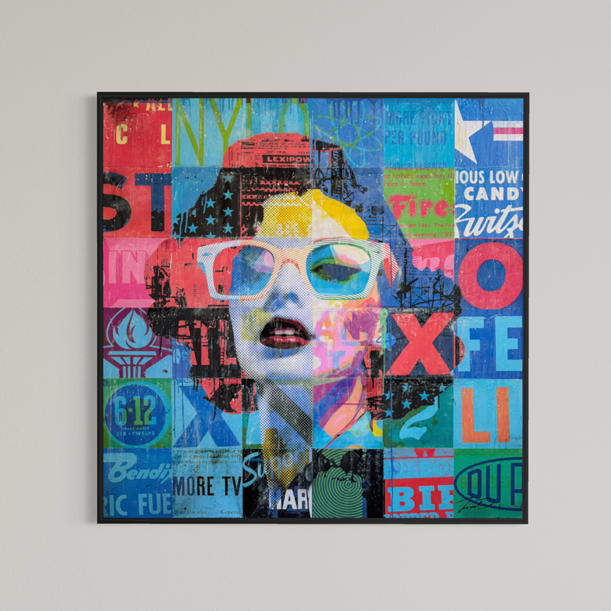 XOXO by Jon Davenport — framed Neo-Pop mixed media painting displayed against a neutral wall, showing the artwork in a black frame