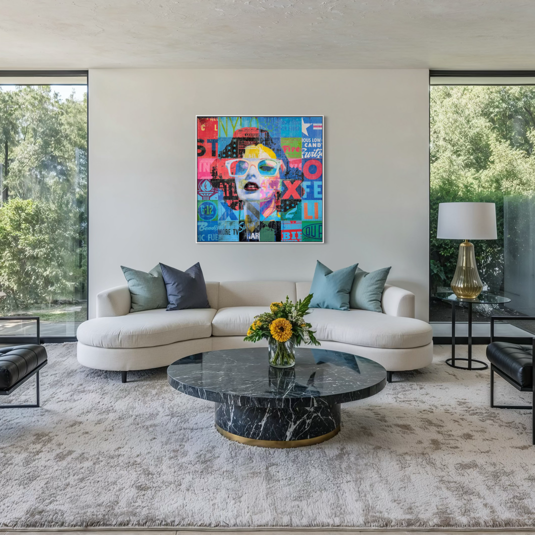 XOXO by Jon Davenport — in-situ installation view of Neo-Pop mixed media painting displayed above a sofa in a bright modern living room