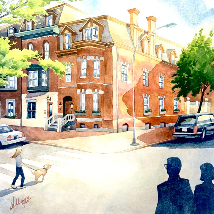 A watercolor landscape of a street corner in bright primary colors