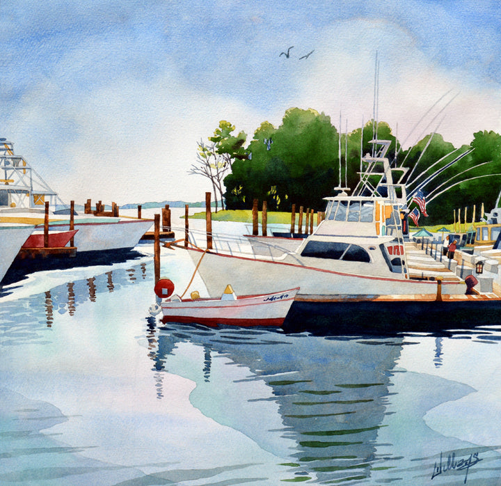 Landscape watercolor of a boat pier with sail boats docked