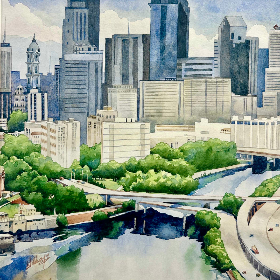 A watercolor landscape of the Philadelphia skyline in greys, blues and greens