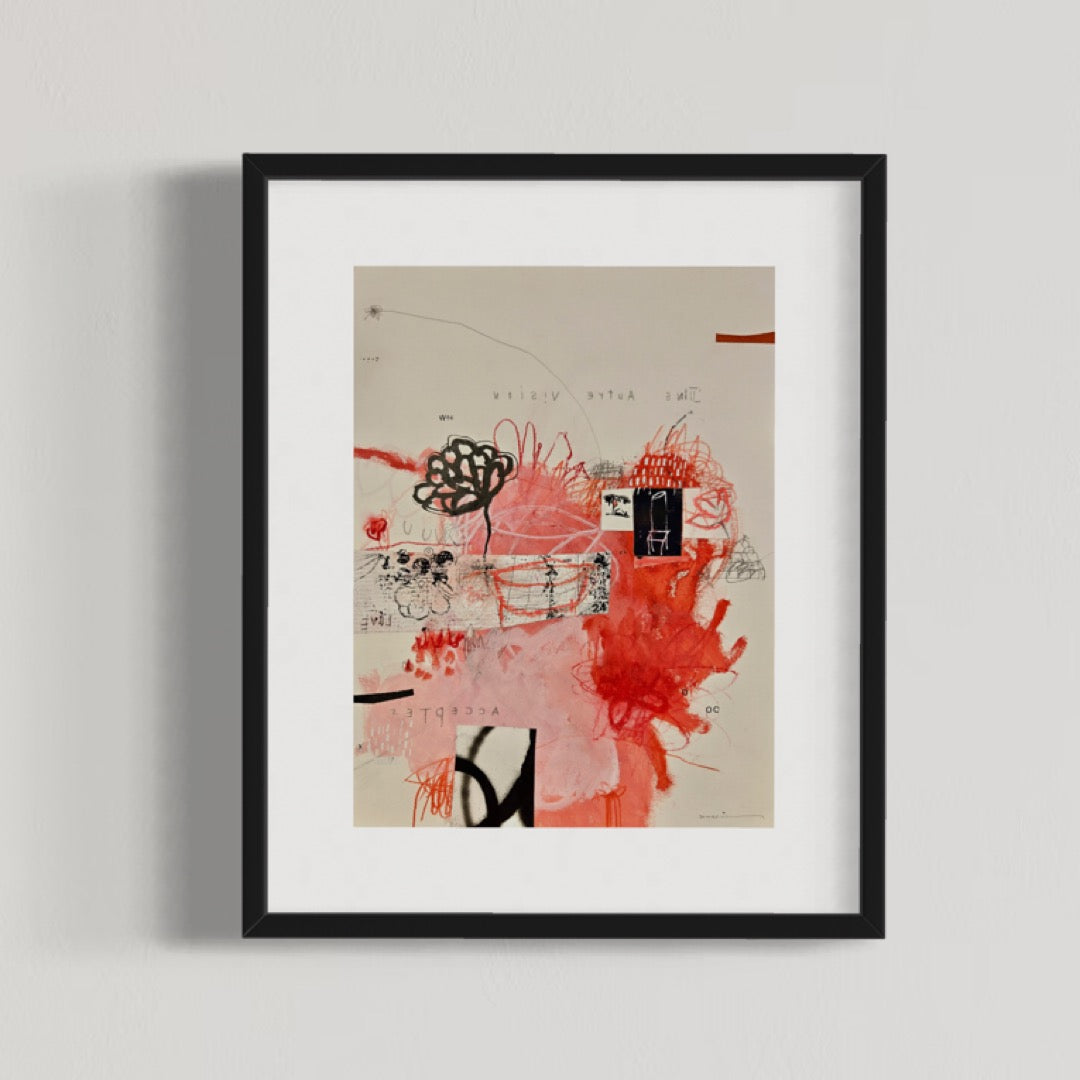 Abstract mixed media artwork on paper by Laurent Dorchin in black, pink, red and white. Organic linework and minimal illustrations of flowers with collage and text elements.